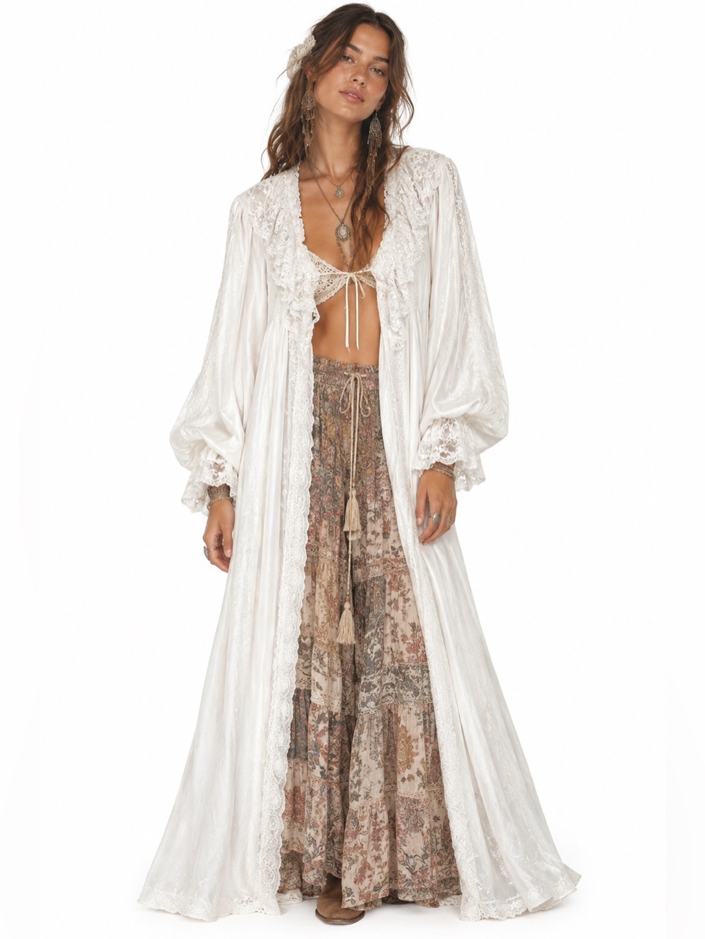 Vintage Boho Fairycore Lace Duster Poet Sleeve Romantic Ruffle Victorian Beachy